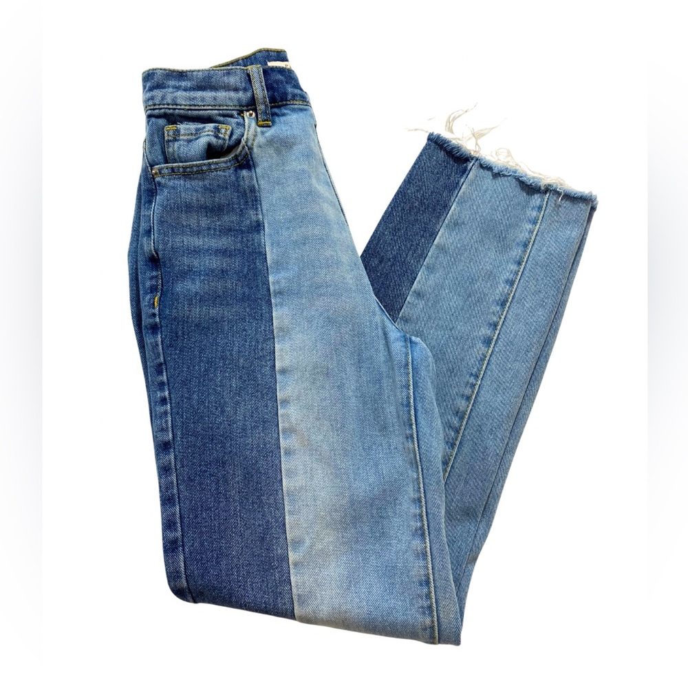 PacSun High Rise Straight Jeans 22/00 Two-Tone Blue Denim Button Fly Raw Hem